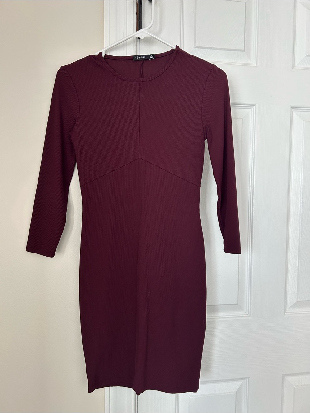 Bershka Burgundy Ribbed Bodycon Mini Dress Size S Long Sleeve